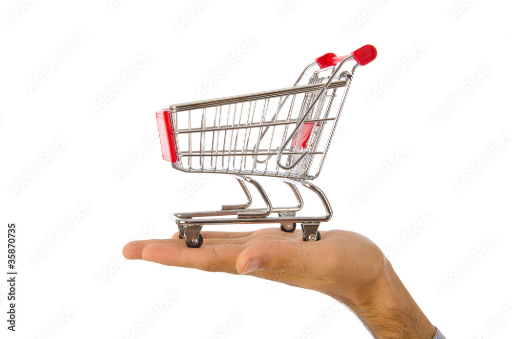 Hand holding shopping cart on white Hand holding shopping cart on white