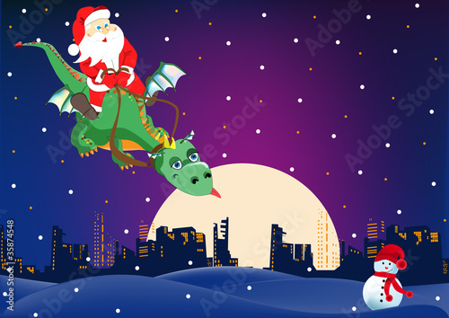 Santa Claus is flying on a dragon