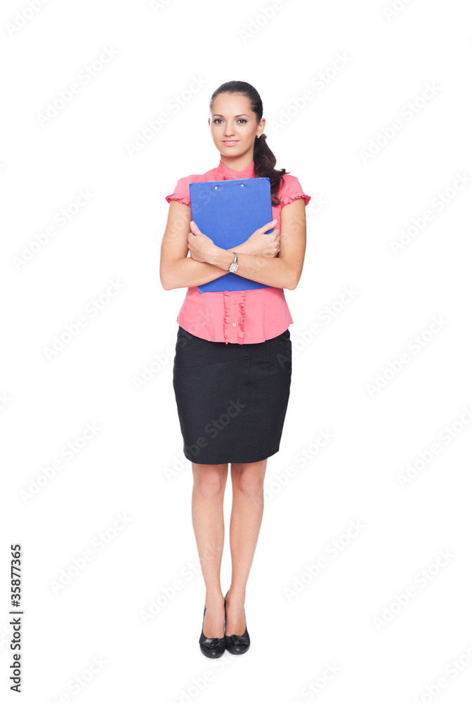 beautiful young businesswoman hugging clipboard isolated on whit beautiful young businesswoman hugging clipboard isolated on whit