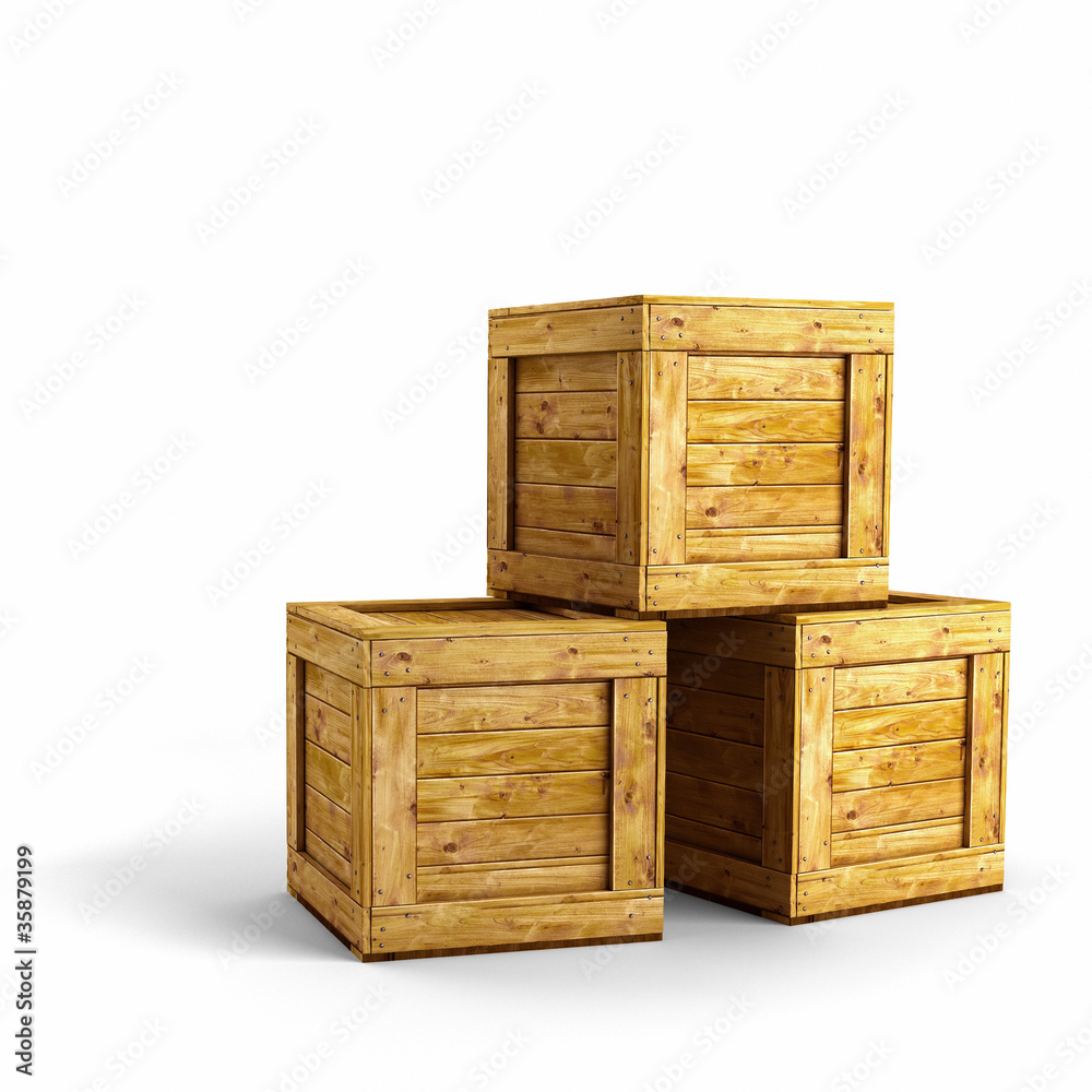 Three wood crates over white background