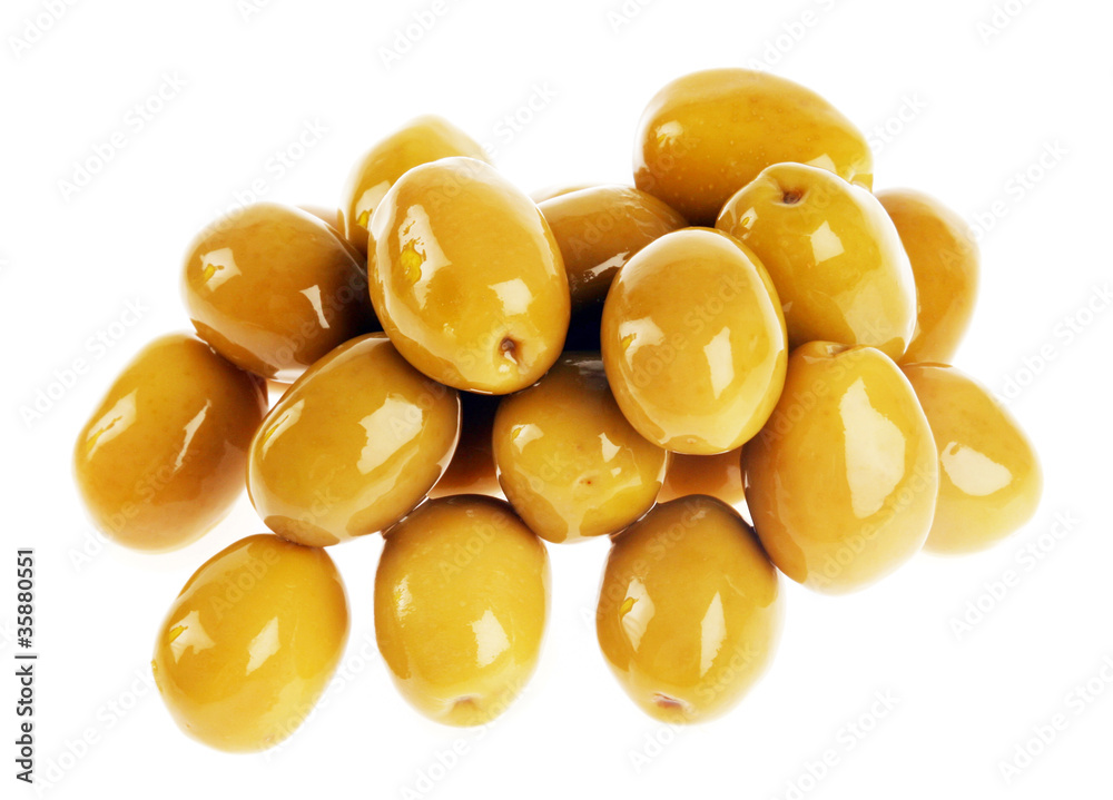 Fototapeta premium Green olives on white background