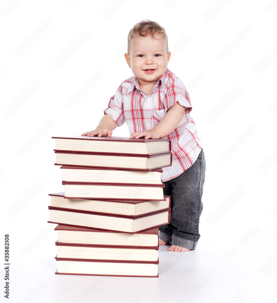 cute baby boy with many books isolated on white cute baby boy with many books isolated on white