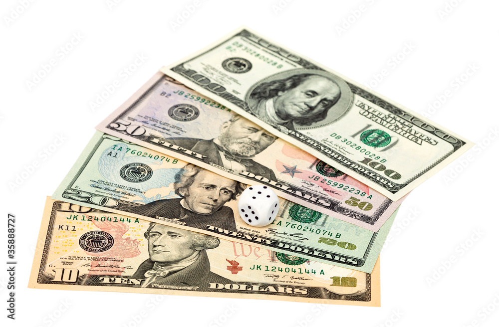 Dices on money background - business concept Dices on money background - business concept