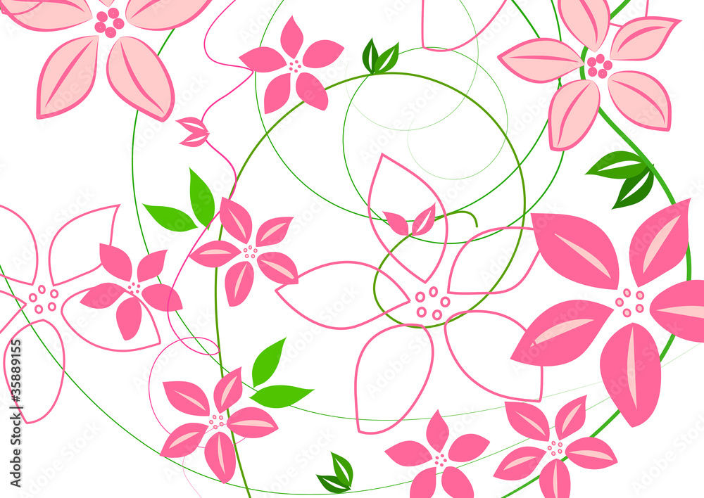 Pink flowers and swirls on white