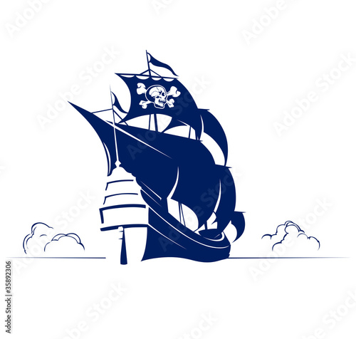 pirate retro ship with skull and bones flag