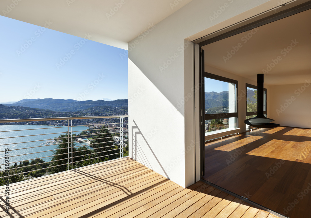 Modern apartment, balcony with panoramic view - obrazy, fototapety, plakaty 