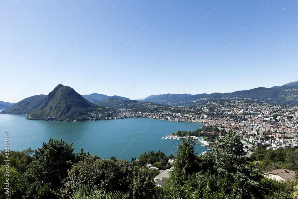 Lake Lugano, panoramic view from the top, switzerland Lake Lugano, panoramic view from the top, switzerland