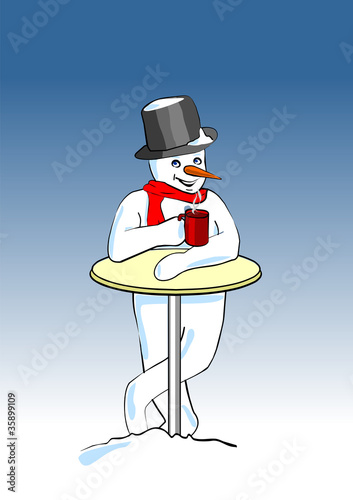 schneemann mit Glühwein, tee,kakao