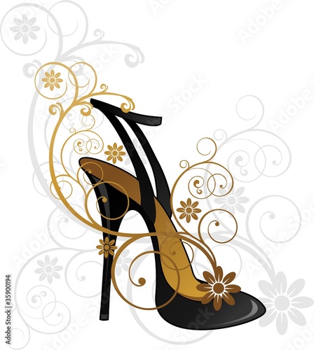Black shoe with floral decorations