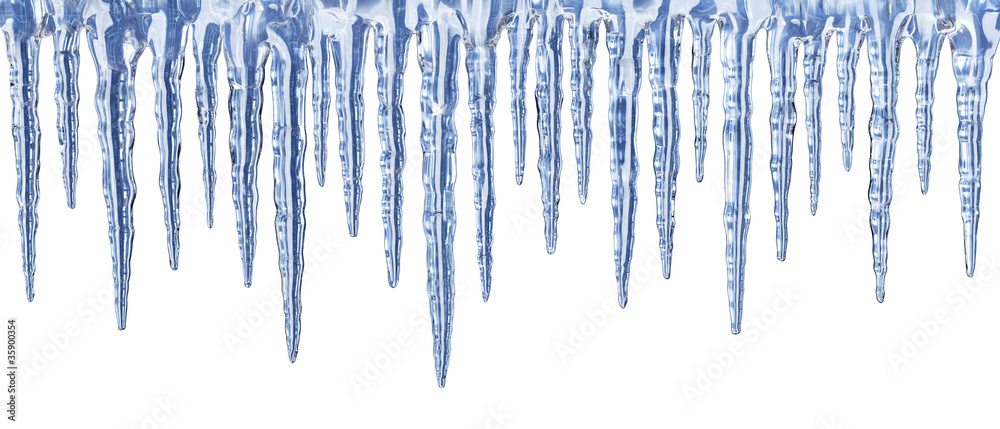 Obraz premium Blue icicles on white background - panorama