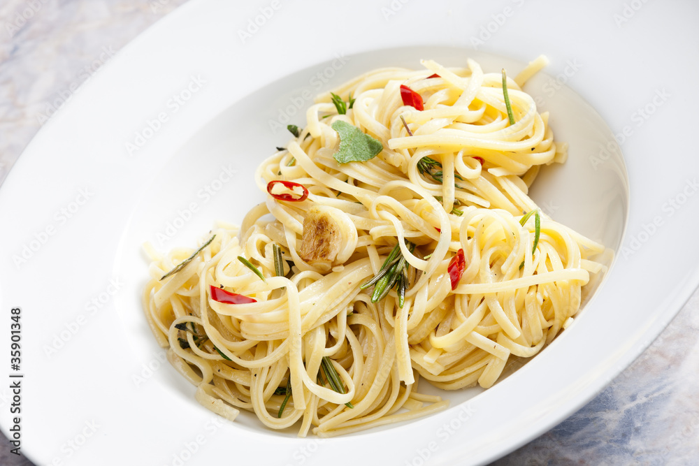 spaghetti with turkey meat on sage with chilli