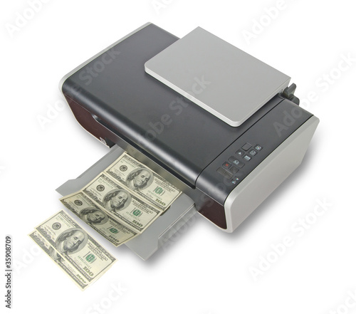 Printer printing fake dollar bills photo