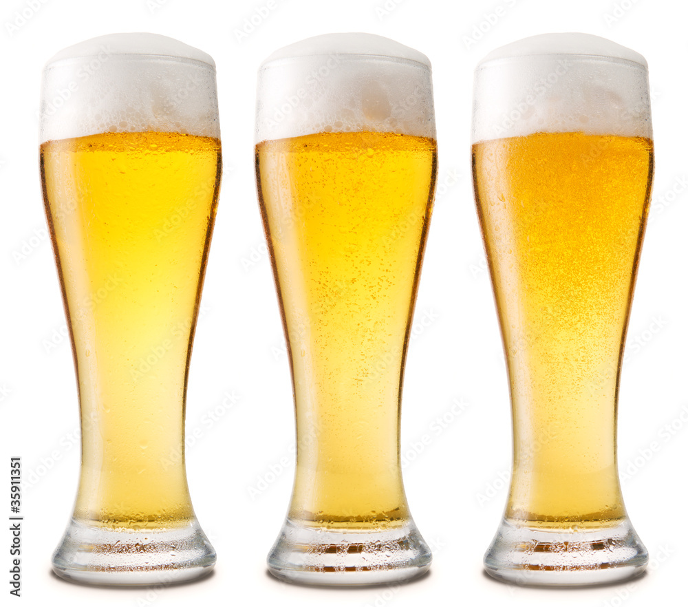 Beer into glass isolated on white. three options