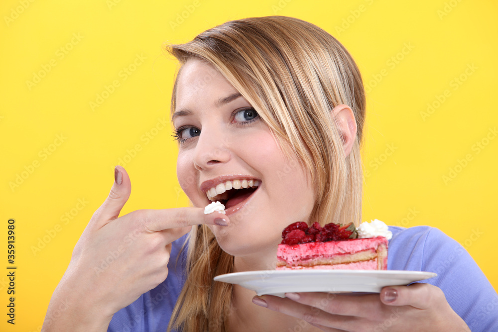 Enjoying a strawberry cake