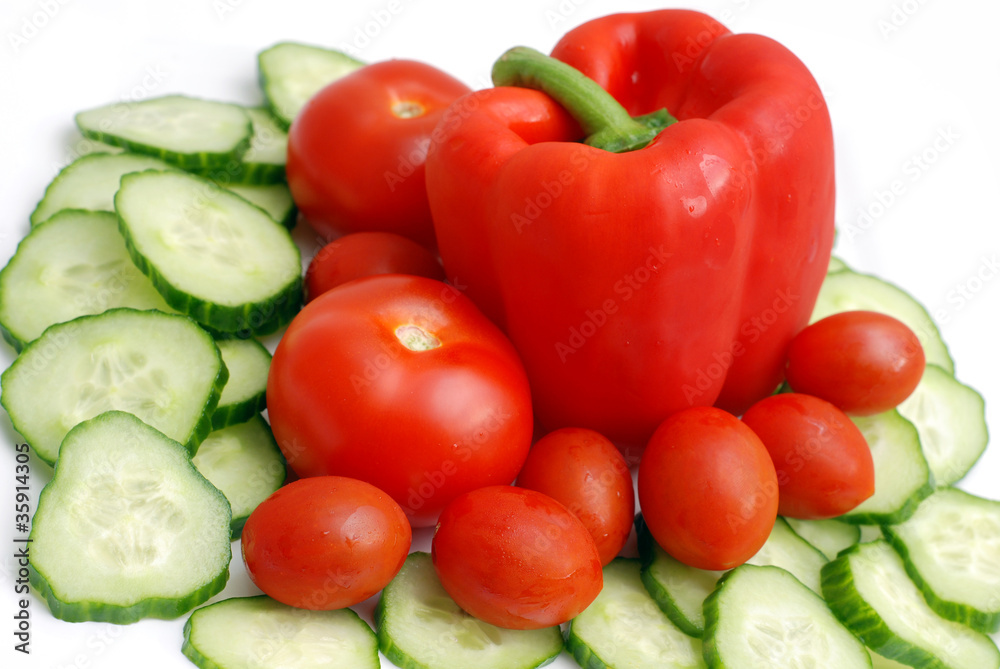Sweet pepper, cherry tomatoes and sliced cucumber Sweet pepper, cherry tomatoes and sliced cucumber