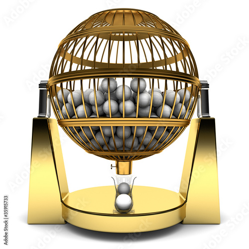 Golden cage full of balls to play bingo, isolated on white background