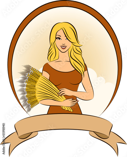 Beautiful girl with sheaf of wheat. Vector