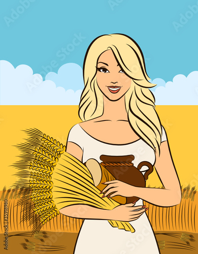 Beautiful girl with sheaf of wheat. Vector