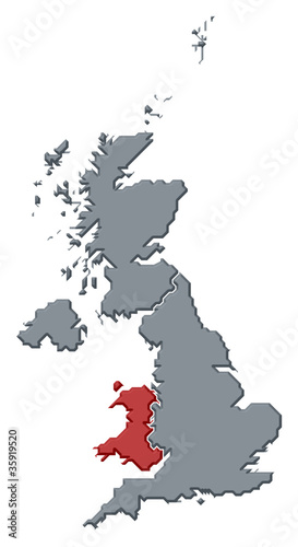 Map of United Kingdom, Wales highlighted