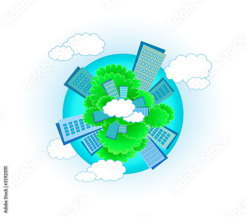 cute urban planet with skyscraper, tree and cloud