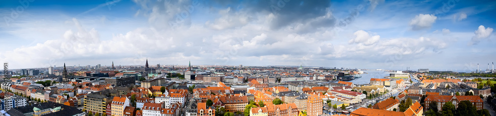 Panoramic of Copenhagen, Denmark. Cloud sky