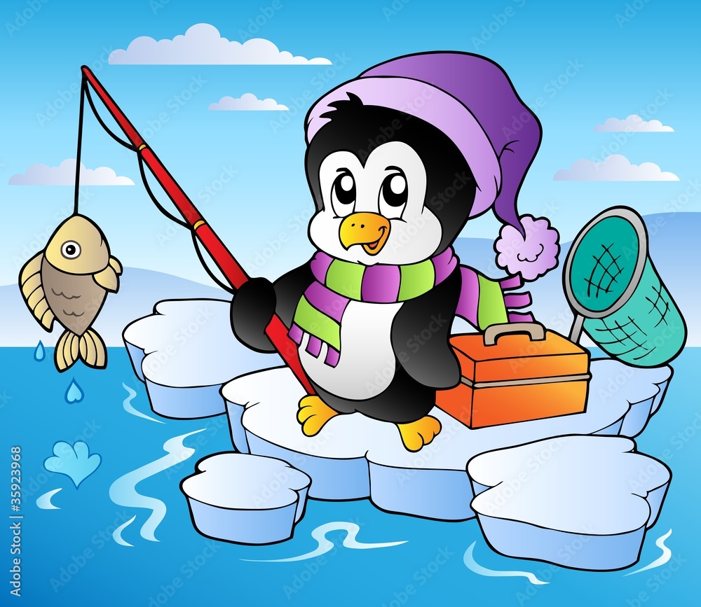 Obraz premium Cartoon fishing penguin
