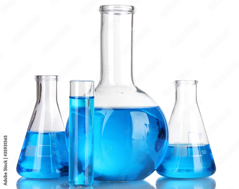 Test-tubes with blue liquid isolated on white