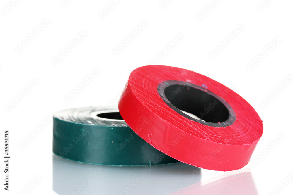 Red and green insulating tapes isolated on white background. Red and green insulating tapes isolated on white background.