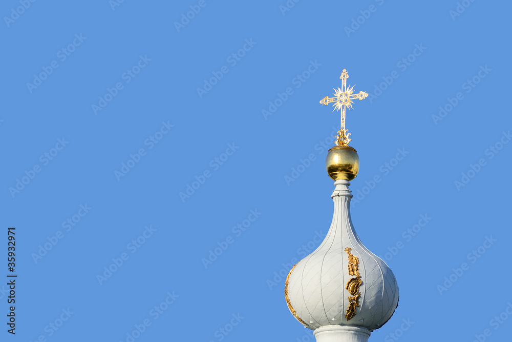 Dome of Smolny Cathedral on blue sky background