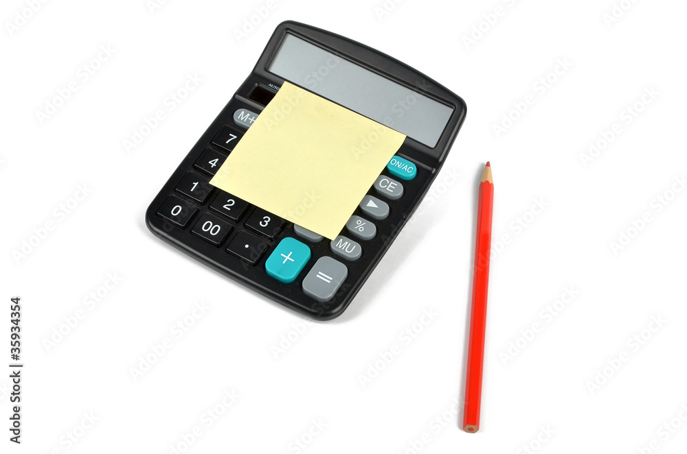 Fototapeta premium Post-it note ,calculator and pencils