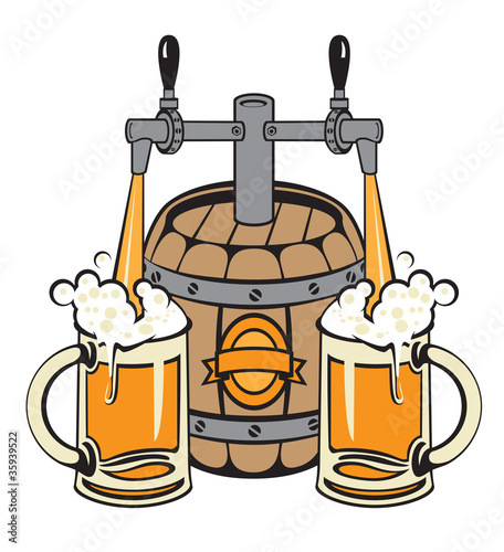 barrels of beer pouring into two glasses