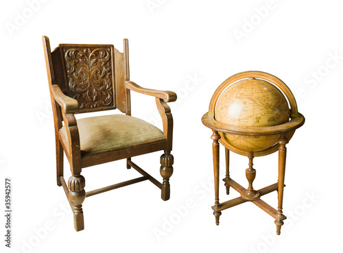 Old wooden chair and Old wooden globe