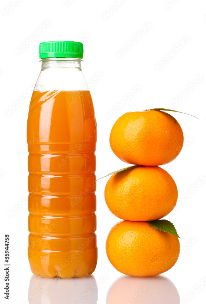 Tangerines and juice bottle isolated on white Tangerines and juice bottle isolated on white