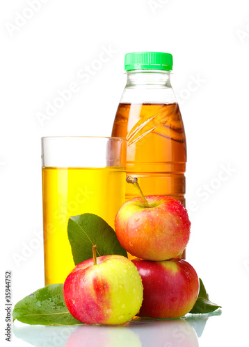 Delicious apple juice and apples isolated on white