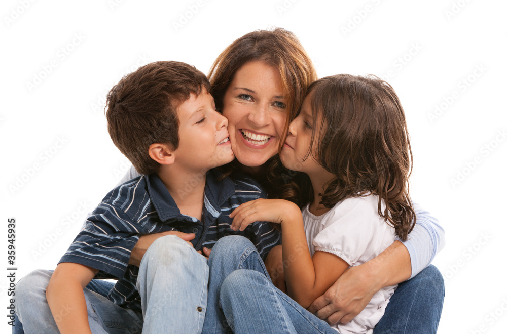 Son and daughter kissing mother on a white background Son and daughter kissing mother on a white background