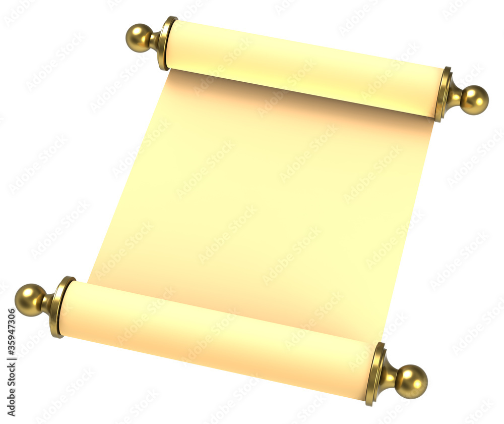 Scroll paper with golden handles over white. Scroll paper with golden handles over white.