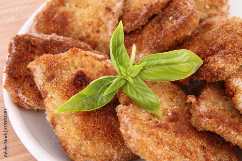 Fried Soy Meat decorated with basil