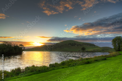 Idyllic sunset scenery at Lough Gur lake, Co. Limerick, Ireland