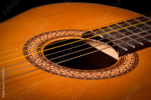 Classical guitar close up on dark