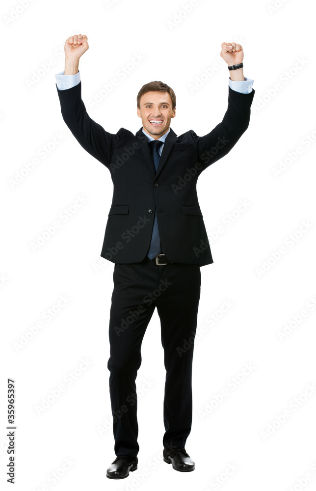 Happy successful gesturing businessman, on white Happy successful gesturing businessman, on white