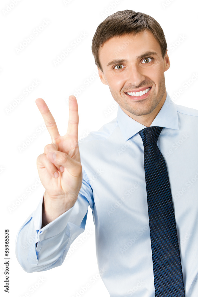 Business man showing two fingers or victory gesture, isolated Business man showing two fingers or victory gesture, isolated
