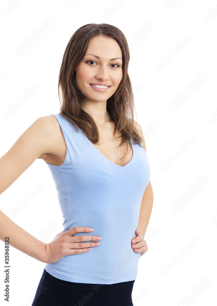 Smiling woman in fitness wear, isolated Smiling woman in fitness wear, isolated