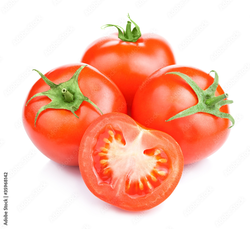 Three Ripe Tomatoes and its half Isolated on White Background Cl Three Ripe Tomatoes and its half Isolated on White Background Cl