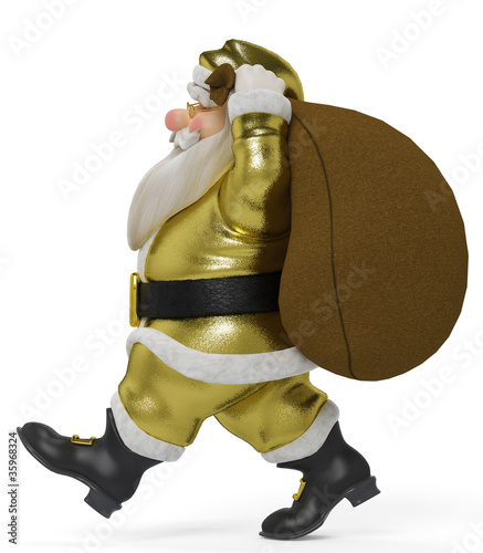 golden santa cartoon carryng a sack side view photo