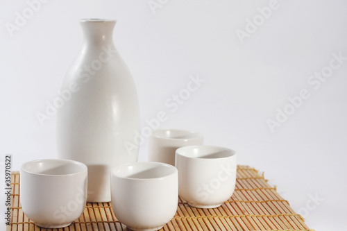 Sake set on bamboo pad