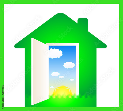 green eco house with door and cloud, sun, grass