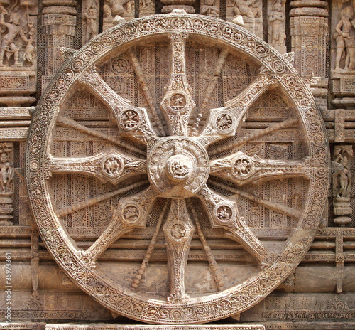 Closer look of the splendid chariot wheel, Sun temple Konark photo