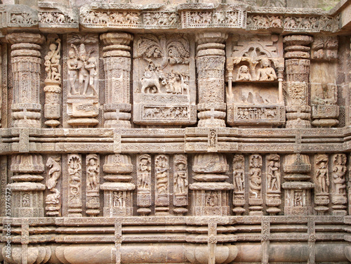 Beautiful sculptures showing giraffes and elephants, Sun temple photo