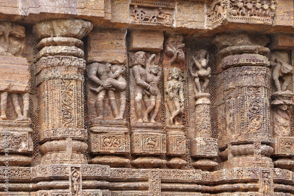 Fine carved amative sculptures, Sun temple Konark