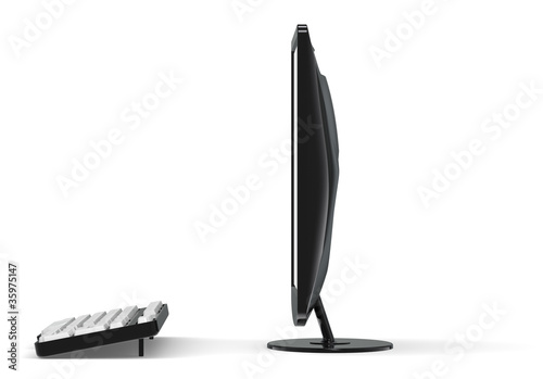 Workstation. Computer Screen and keyboard. Side view